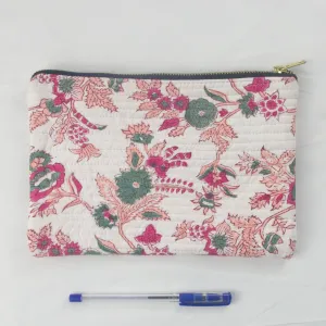 Block Print Makeup Pouch or Pencil Case- White Floral