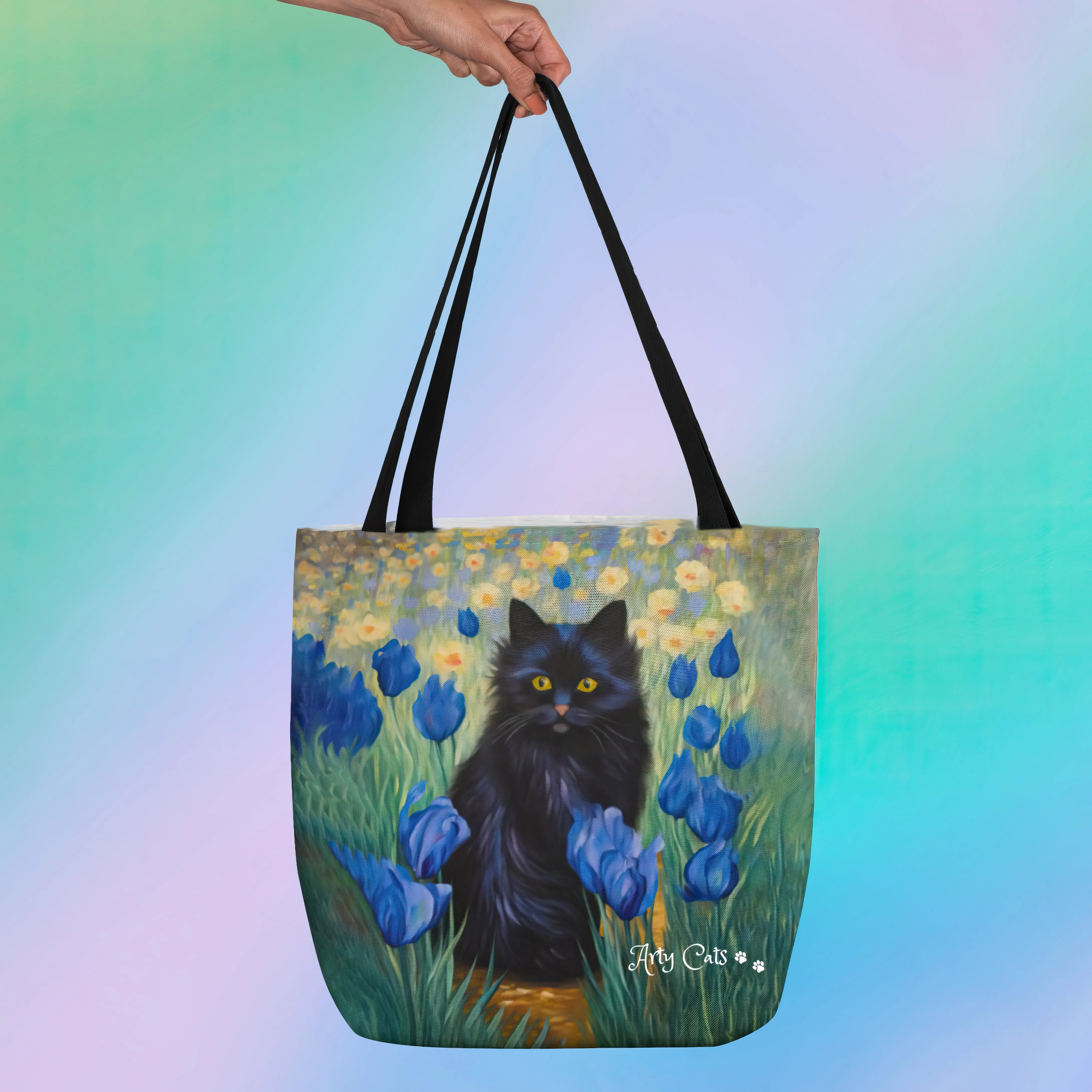Cute Black Cat Among Irises, Designer Tote Bag
