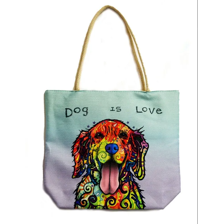 Rainbow "Dog is Love" Jute Purse Bag Tote with handles, supply or grocery bag, reusable, each