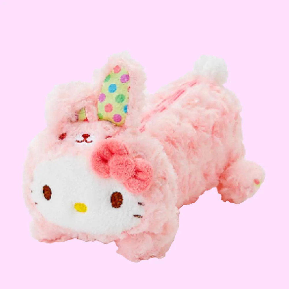 Sanrio Hello Kitty Fluffy Rose Boa Easter Bunny Plush Pencil Case